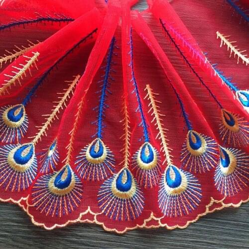 3 Yard/Lot Red peacock feather handmade DIY lace fabric embroidery lace trim mesh clothes dress accessories width 17cm