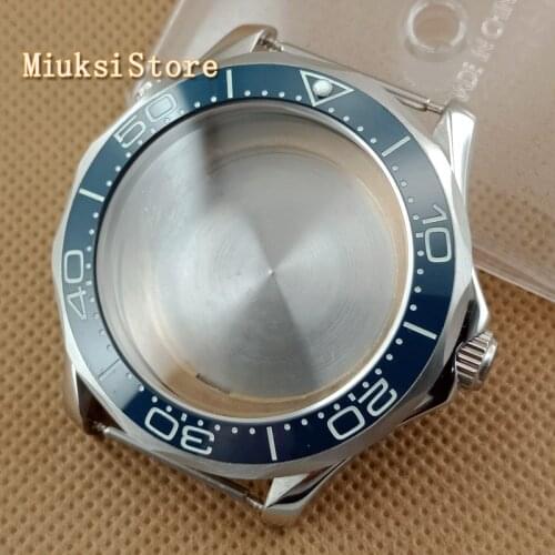 Corgeut 41mm silver watch case blue ceremic bezel fit ETA2836 Miyota8215/821A/82series automatic movement stainless steel case
