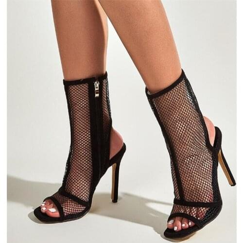 Nice Gladiator Women Sexy Breathable Mesh Ankle Boots Sandals Fashion Peep Toe Zip Stilettos Heels Summer Shoes