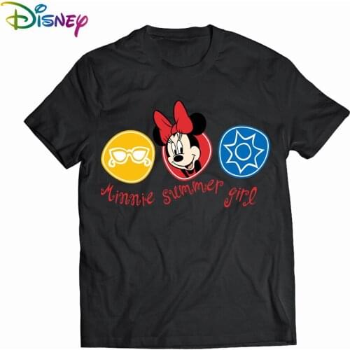 Disney Kawaii Mickey Mouse Summer T-shirt Ladies Black Top Ladies Casual O-Neck Top Ladies Kormen Korean Style Harajuku Clothing