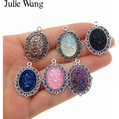 Julie Wang 5PCS 13x18mm Oval Resin Druzy Cabochon Charms Connector Alloy Base For Necklace Pendant Jewelry Making Accessory