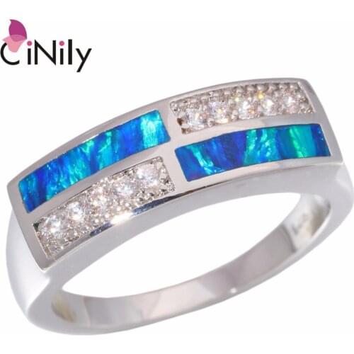 CiNily Created Blue Fire Opal Cubic Zirconia Silver Plated Wholesale for Women Jewelry Christmas Gift Ring Size 6-9 OJ9232