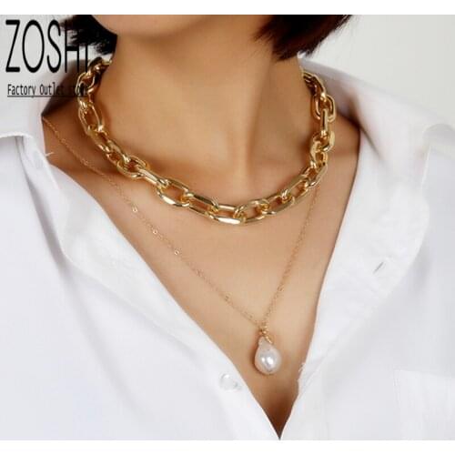 2021 Thick Square Lock Link Choker Necklace For Women Punk Jewelry Irregular Freshwater Pearl Pendant Multilayer Necklace Sets