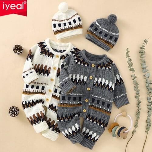 IYEAL Knitted Baby Rompers with Hat Christmas Cotton Sweaters Newborn Girls Cardigan Jumpsuit Toddler Clothes Kids Overalls