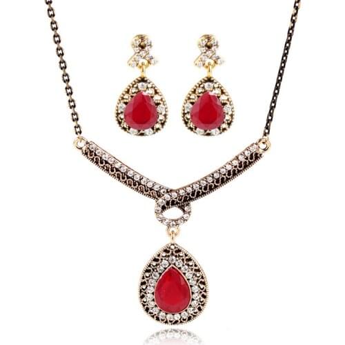 CRLEY Necklace Dangle Earring Jewelry Set Classic Vintage Red Blue Bridal Jewelry Sets Water Drop Pendant European Style Jewelry