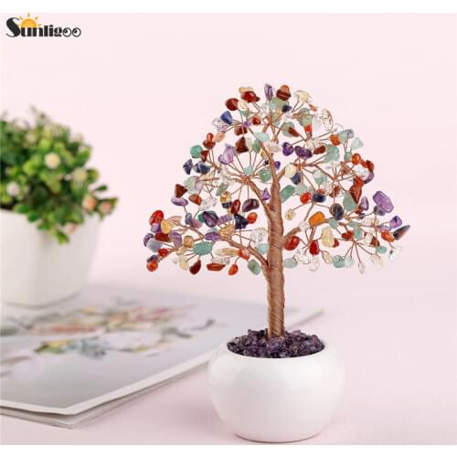 Sunligoo Feng Shui Money Tree Ornaments Mini Tumbled Gemstones Bonsai Tree Figurines Ceramic Vase Living Room Office Home Decor