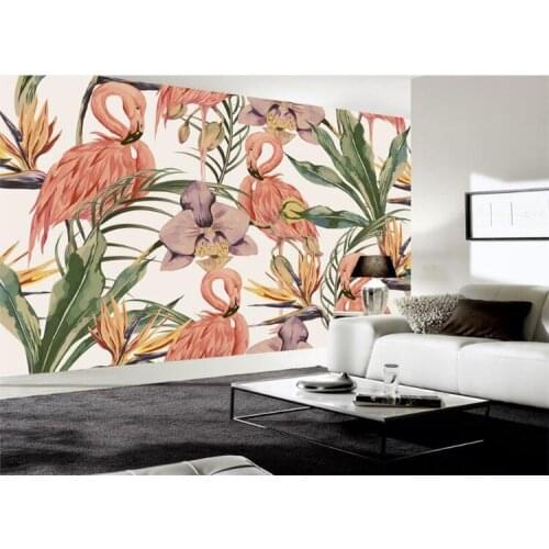 Fashion classic wallpaper simple hand painted tropical rain forest flamingo wallpaper murals background