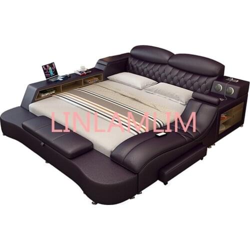 Genuine leather bed frame Soft Beds massager storage safe speaker LED light Bedroom cama muebles de dormitorio / camas quarto