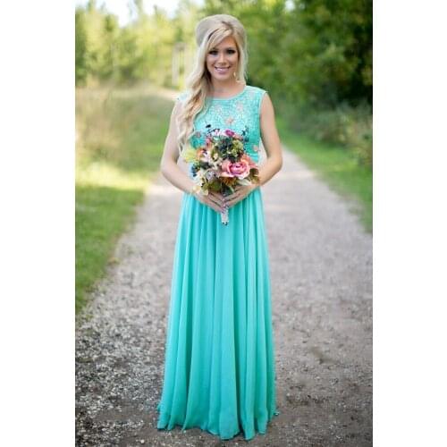 Mint Green Cheap Bridesmaid Dresses Under 50 A-line Chiffon Lace Beaded Long Wedding Party Dresses For Women