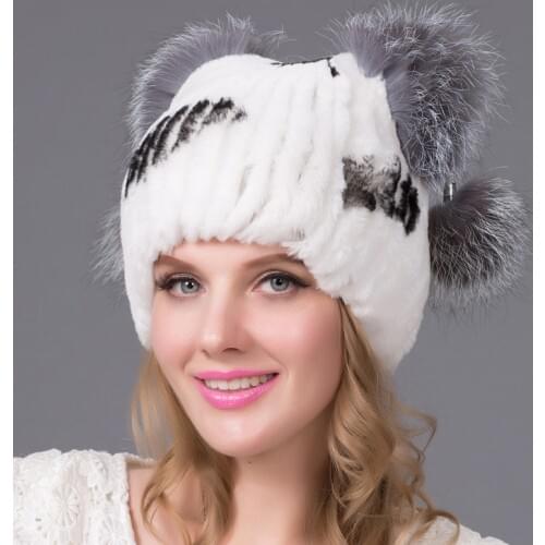 New Russia Women Real Rex Rabbit Fur Hats Knitted Striped Lady 100% Genuine Rex Rabbit Fur Beanies Hat Winter Warm Flowers Caps