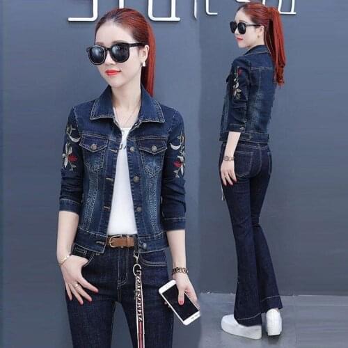 New Two-piece Set Womens Embroidery Demin Jacket And Demin Flare Pants Spring And Autumn 2-Piece Set