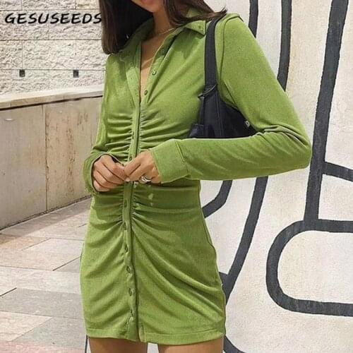 Autumn dress women long sleeve dresses sexy mini dress green button up dresses bodycon turn down collar shirt dress orange 2020