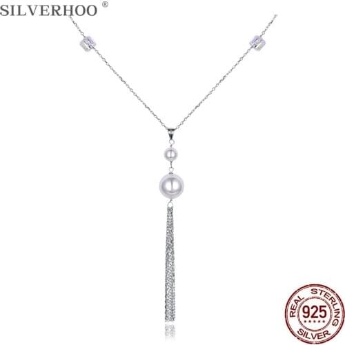 SILVERHOO 925 Sterling Silver Necklace For Women Trendy Tassels Shell Pearl Pendent Necklace Austria Crystal Mosaic Fine Jewelry