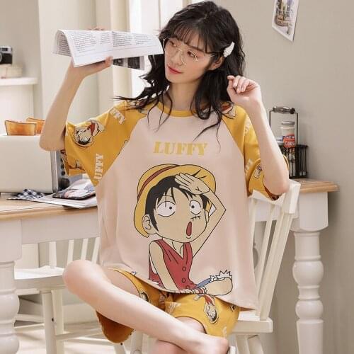 Japanese Cartoon Anime Women Pajamas Set Summer Short Sleeve Kawaii Sleeping Tops Cotton Loose Women Shorts Nightwear Sleepwear
