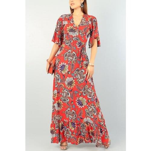 Girdle Detail Patterned Flexible Fabric Short Sleeve Maxi Casual Dress 70463 Striped Standard Pendant Woven Crepe Street Style