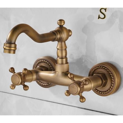 Basin Faucets Antique Brass Wall Mounted Kitchen Bathroom Sink Faucet Dual Handle Swivel Spout Hot Cold Water Tap with tow pipe