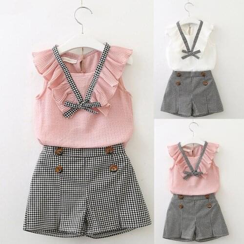 TELOTUNY Childrens clothing Toddler Kids Baby Girls Outfits Bowknot Sleeveless Vest Tops+Plaid Shorts Pants Clothes Sets #L