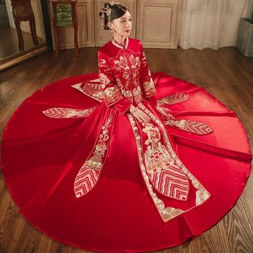 Flower Embroidery Cheongsam Traditional Chinese Couple Wedding Suit Elegant Bride Marry Dress китайская одежда