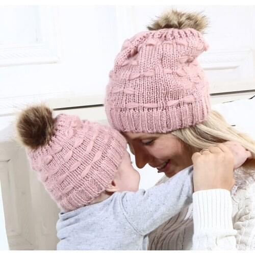 WeMe Parent and Kids Woolen Yarn Hats with Faux Fur Pom 7CM 10CM Ball Warm Knitted Beanie
