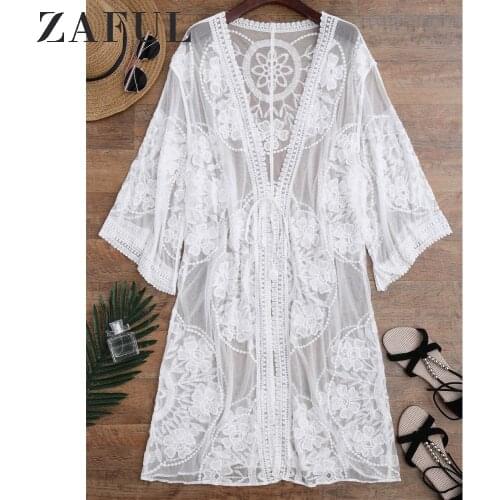 ZAFUL Sheer Lace Tie Cover Up Women Sexy Bikini Cover-Ups Dress Summer Beach Cardigan Ladies Tunics Swimsuit Beachwear