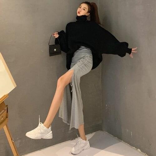 2021 Spring new high waist slim bag hip skirt pleated split skirt Korean mid-length A-line skirt front slit skirt women