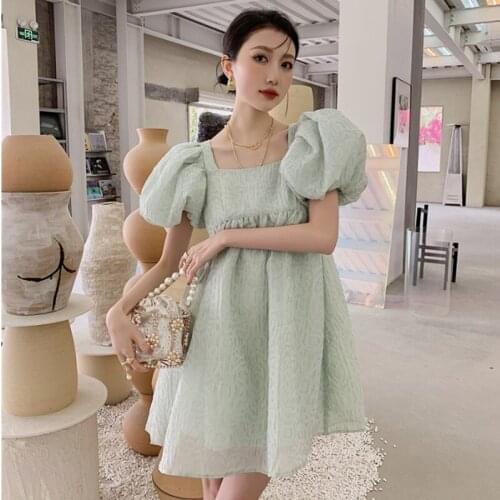 2021 new square collar loose square collar puff sleeves pleated back strap short sleeve puffy dress women