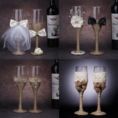 2pcs Set Wedding Glass Creative Linen Crystal Wedding Champagne Glasses Lace Dress Goblet Red Wine Glass Cup Wedding Decoration