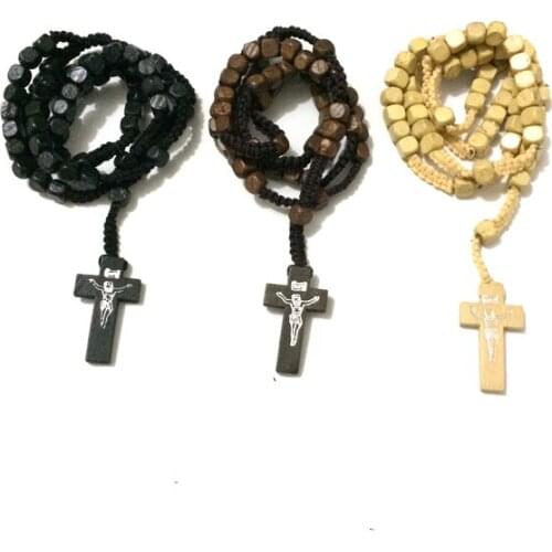 36pcs/lot Mix 3 colors Square Wood Beads 18" Cord Rosary Jesus Cross Necklace Sturdy Construction