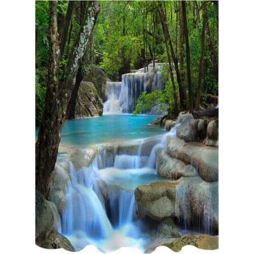 3D Waterfall Scenery Waterproof Shower Curtain Bathroom Products Creative Polyester Bath Curtain with 12 Hooks