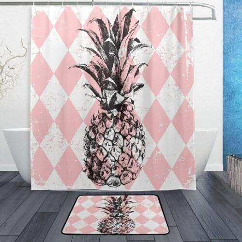 Pineapple on Rhombus Waterproof Polyester Fabric Shower Curtain with Hooks Doormat Bath Floor Mat Bathroom Home Decor Pink White