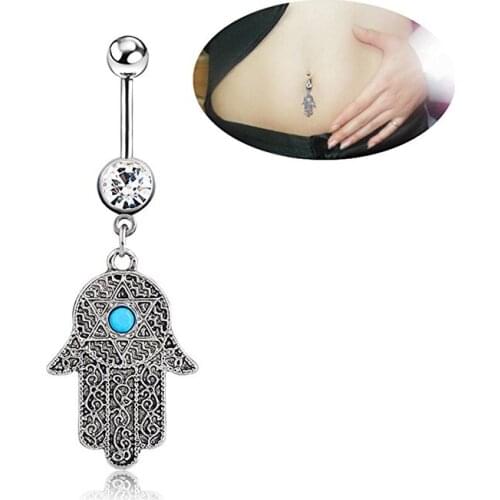 Fatima Hand316L Surgical Steel Large Bezel CZ Vintage Floral Navel Ring