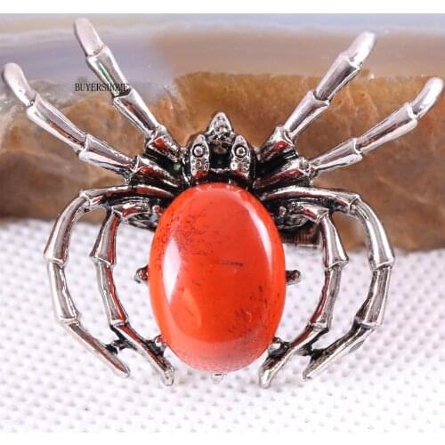 Spider Brooch Natural Stone Red Jaspers CAB Cabochon Bead Pendant for Men Women DIY Jewelry Making 1Pcs K711