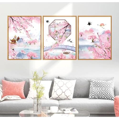 Pink Peach Blossom Wall Stickers Living Room Sofa TV Backdrop Wall Decoration Poster Bedroom Removable PVC Chinese Mural