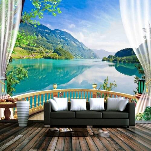Custom Wall Murals Waterproof Canvas Self-adhesive Sticker Mural 3D Window Balcony Nature Landscape Photo Wallpaper Living Room