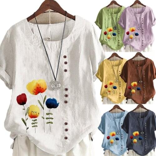 Womens Fashion Plus Size T-shirt Floral Printed T-shirt Short Sleeve Casual Ladies Summer Fashion Round Neck Blouse Pullover