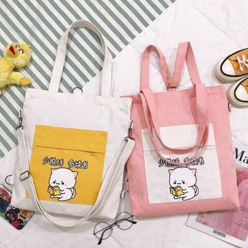Girls Canvas Shoulder Bag Casual Environmental Shopping Bag Tote Package Large Capacity Cartoon Print Cross Body Bags for Women