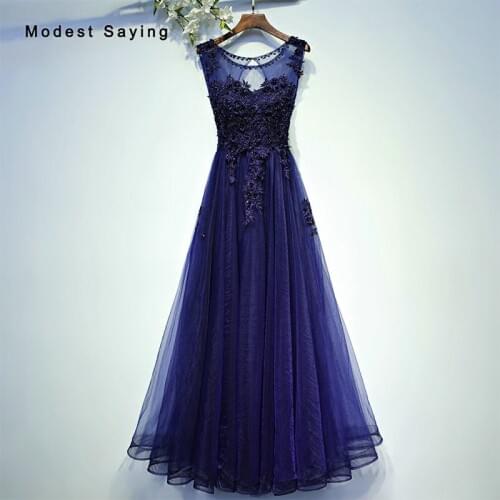 Elegant Navy Blue A-Line O Neck Lace Evening Dresses 2019 Lace Up Back Formal Women Party Prom Gowns robe de soiree