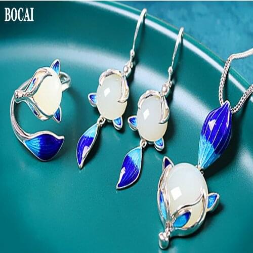 BOCAI Fashionable Chinese style real S925 pure silver jewelry woman pendant burnt blue Hetian jade pendant fox series