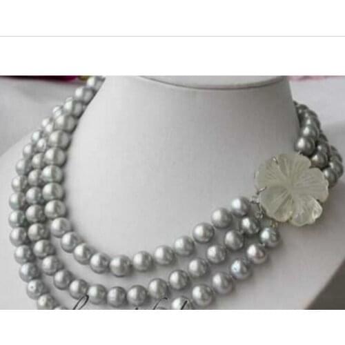 Fashion jewelry AA 3row 11mm round gray freshwater pearl necklace