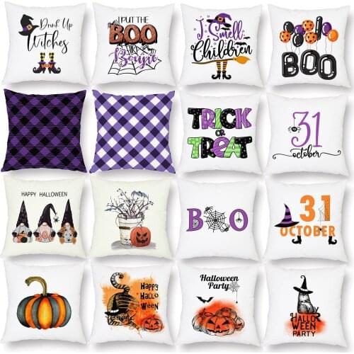 Happy Halloween Cushion Covers Purple Geometric Witch White Polyester Pillow Case 45X45cm Sofa Decor