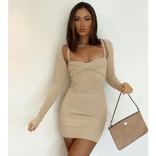 Slim Bodycon Dress Solid Color Two Piece Long Sleeve Twist Low Chest Sexy Dresse Backless Party Missnight
