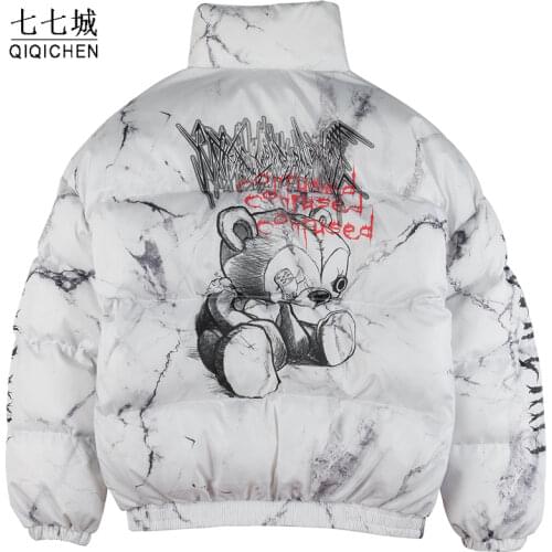Padded Cotton Parkas Men Graffiti Print Bear Streetwear Hip Hop Casual Thick Warm Smiley Jackets Coats Male Winter Windbreaker