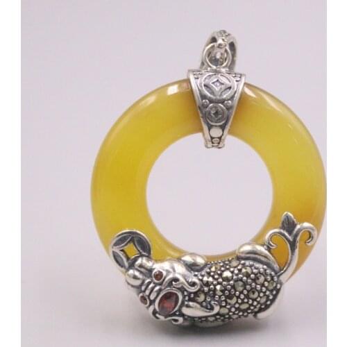 Pure 925 Sterling Silver Pendant 48x35mm Yellow Chalcedony PiXiu Panttern Ring Charms For Woman Man