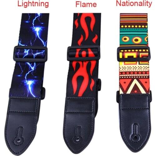 PU Leather Guitar Strap Adjustable Belt Lightning Flame Pattern for Bass Folk Acoustic Guitar Dropshipping SM