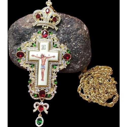 Orthodox Cross Pectoral Enamel Jesus Priest Church Necklace Rhinestones Chain Religious Jewelry Pastor Crucifix Prayer Items