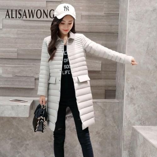 Autumn Winter Korean Slim Medium Long Down Jackets Womens Thin Turndown Collar Big Size Long Sleeves Coat Female Solid Outerwear