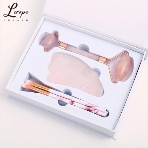 Natural Rose Quartz Roller Face-lift Massage Facial Jade Roller Spatula Makeup Brush Three-piece Suit Skin Beauty Massage Tool