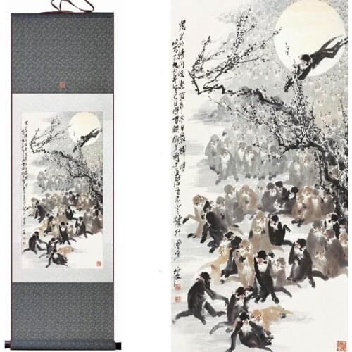 Monkey silk art painting Chinese Art Painting Home Office Decoration Chinese Monkey painting Chinese ink painting