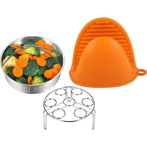 Silicone Gloves Oven Heat Insulated Finger Gloves(Orange) & Steamer Basket with Egg Steamer Rack