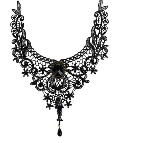 Velishy Gothic Punk Style Gem Decoration Women Black Lace Beads Choker Collar Necklace Chocker Jewelry